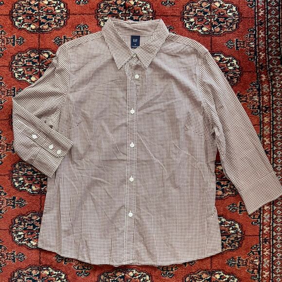 GAP 14 Brown/White Mini Gingham Super Smooth 3/4 Sleeve Button Front Blouse - Picture 1 of 9